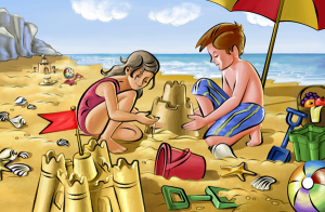 Two children building a sand castle on a beach