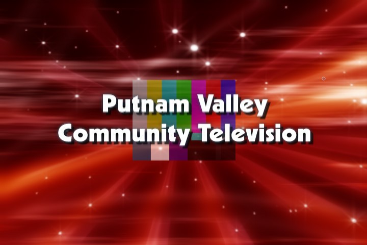 The words Putnam Valley Community Television over TV color bars and a star field