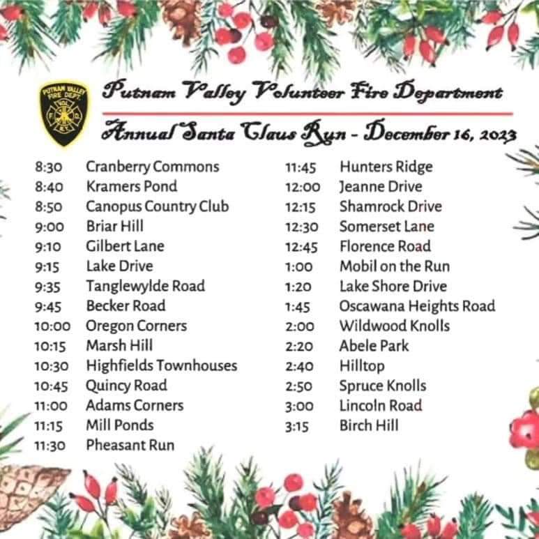 Santa Claus Schedule Town of Putnam Valley